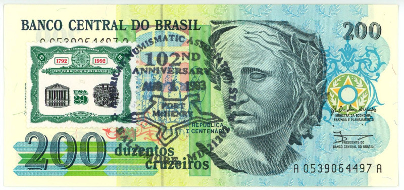 Brazil 200 Cruzeiros 1990 (ND) With Stamp & Overprint

P# 229a, N# 206110; # A...