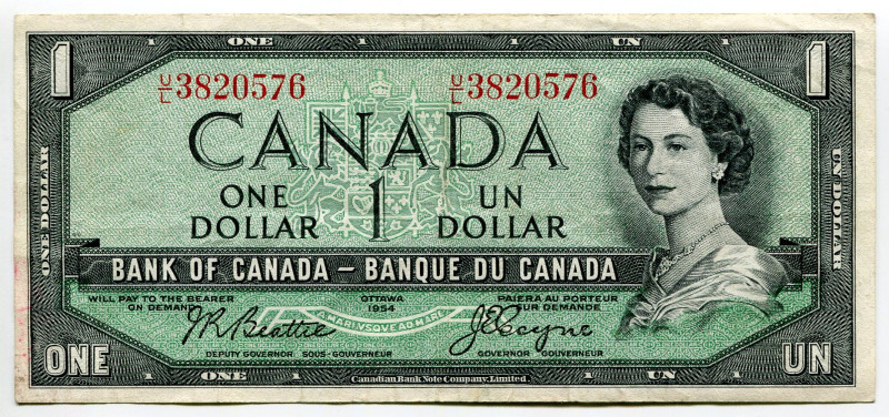 Canada 1 Dollar 1954 (1955- 1961)

P# 74a, N# 201597; # U/L 3820576; VF-XF