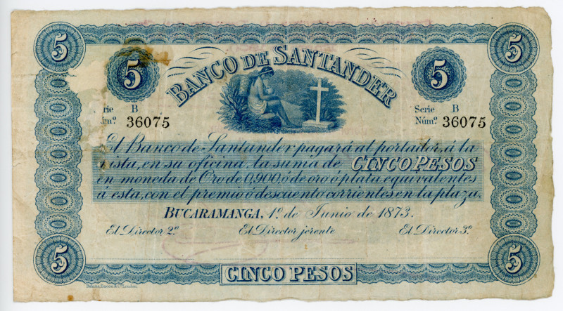 Colombia 5 Pesos 1873

P# S832b, N# 357777; #36075; Banco de Santander; Overpr...