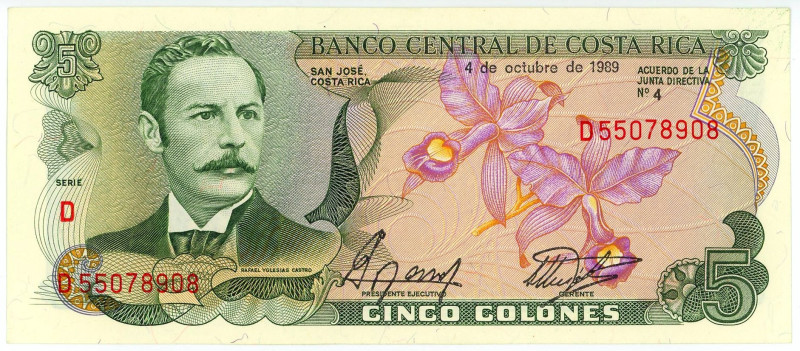 Costa Rica 5 Colones 1989

P# 236d, N# 204555; # D 55078908; UNC