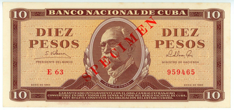 Cuba 10 Pesos 1965 Specimen

P# 96s, N# 219527; # E63 959465; UNC