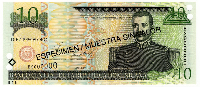 Dominican Republic 10 Pesos 2001 Specimen

P# 165, N# 204175; # BS0000000; UNC