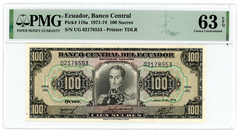 Ecuador 100 Sucre 1971 - 1974 PMG 63 EPQ Choice UNC

P# 188a, N# 225352; # UG ...