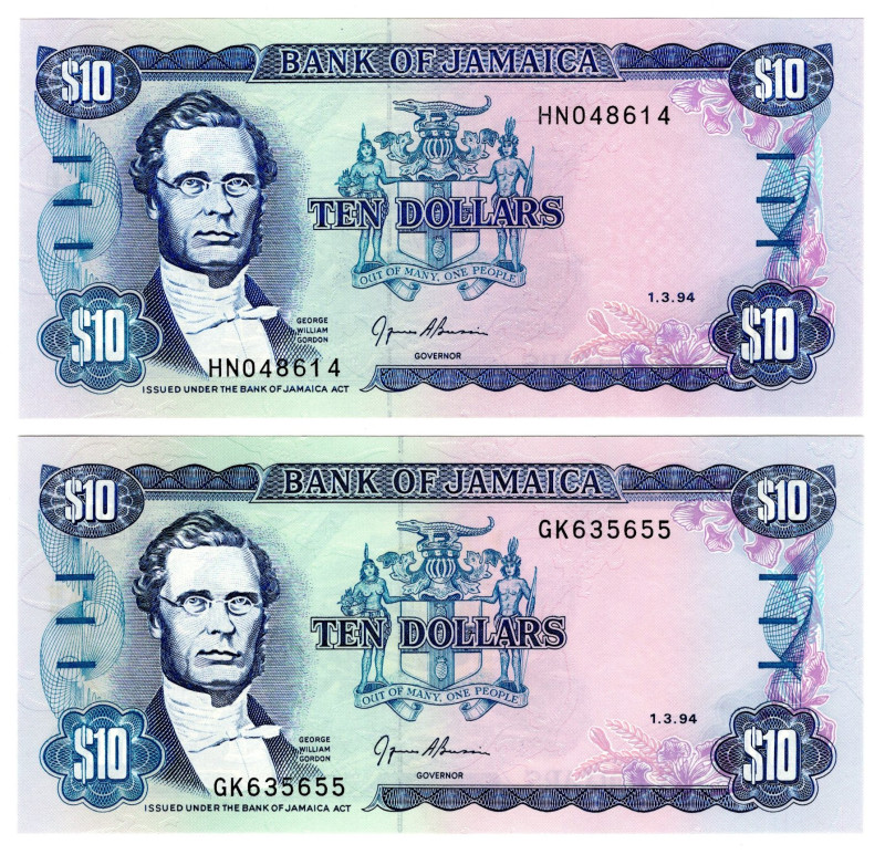 Jamaica 2 x 10 Dollars 1994

P# 71e, N# 204276; UNC