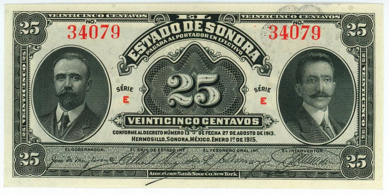 Mexico Estado de Sonora 25 Centavos 1915

P# S1069, N# 224298; # E 34079; UNC