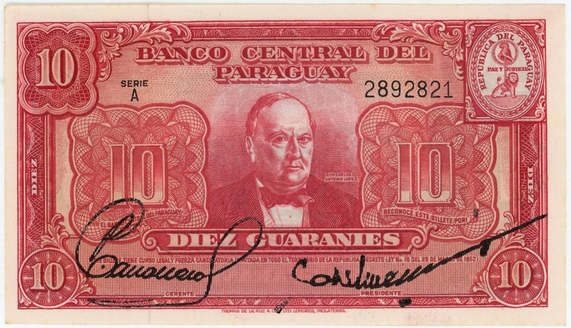 Paraguay 10 Guaranies 1952

P# 187a, N# 275896; # A 2892821; UNC