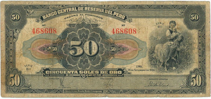 Peru 50 Soles de Oro 1950

P# 68Aa, N# 225318; # BII 468608; F