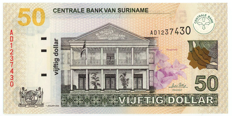 Suriname 50 Dollars 2004

P# 160a, N# 241685; # AD 1237430; UNC