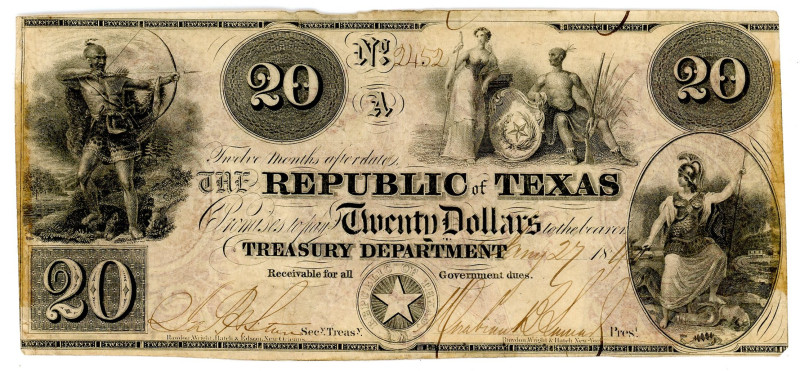 United States The Republic of Texas 20 Dollars 1840

# 2452; VF-