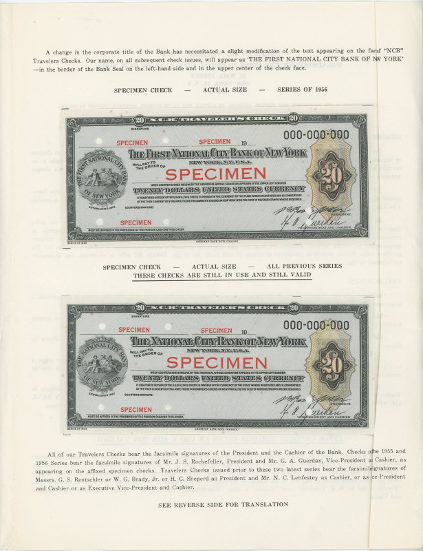 United States 2 x 20 Dollars Checks of The First National City Bank of New York ...