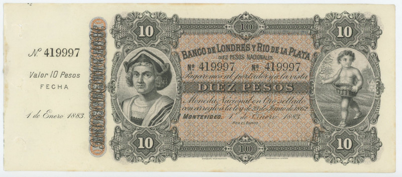 Uruguay 10 Pesos 1883

P# S242, # 419997; UNC