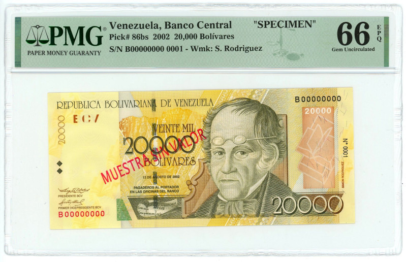 Venezuela 20000 Bolivares 2002 Specimen PMG 66 EPQ Gem UNC

P# 86bs, N# 209961...