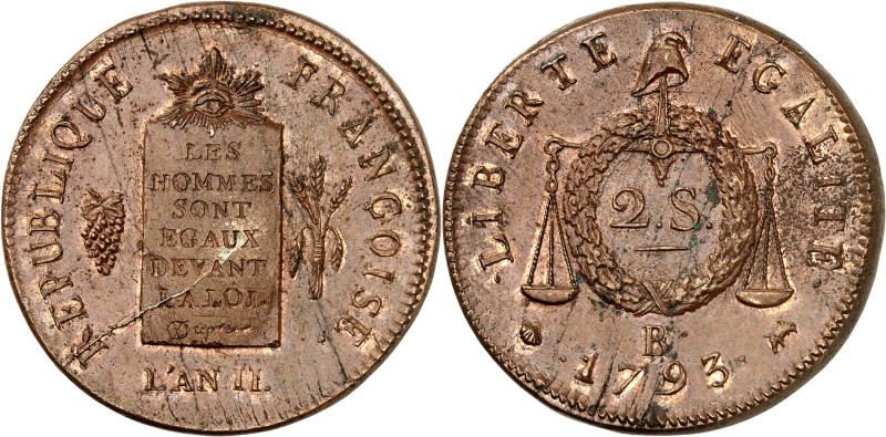 FRANCE
Convention (1792-1795). 2 sols à la balance, refrappe 1793 - An II, B, Ro...