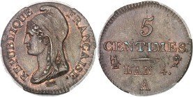 FRANCE
Directoire (1795-1799). Cinq centimes Dupré, petit module An 4 (1795), A, Paris.
Av. REPUBLIQUE FRANÇAISE. Buste de République à gauche, coiffé...