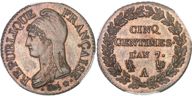 FRANCE
Directoire (1795-1799). Cinq centimes Dupré, grand module An 7 (1798), A,...