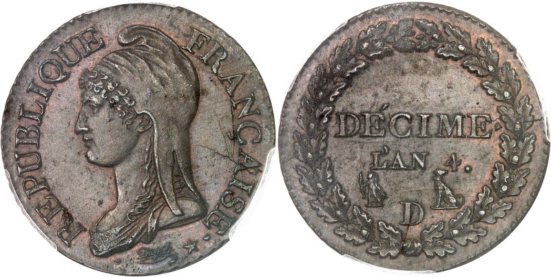 FRANCE
Directoire (1795-1799). Décime Dupré, petit module An 4 (1795), D, Lyon.
...