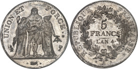 FRANCE
Directoire (1795-1799). 5 francs Union et Force, listel par virole An 4 (1795), A, Paris.
Av. UNION ET FORCE. Hercule debout de face avec la lé...