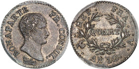 FRANCE
Consulat (1799-1804). Quart de franc Bonaparte An 12 (1803), A, Paris.
Av. BONAPARTE PR. CONSUL. Tête nue à droite, au-dessous signature Tiolie...