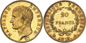 FRANCE
Premier Empire / Napoléon Ier (1804-1814). 20 francs tête nue, calendrier révolutionnaire An 13 (1805), A, Paris.
Av. NAPOLEON EMPEREUR. Tête n...