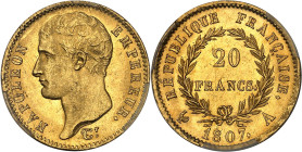 FRANCE
Premier Empire / Napoléon Ier (1804-1814). 20 francs type transitoire, grosse tête 1807, A, Paris.
Av. NAPOLEON EMPEREUR. Tête nue à gauche, si...