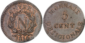 FRANCE
Premier Empire / Napoléon Ier (1804-1814). 5 centimes siège d’Anvers 1814, Anvers (atelier de l’arsenal).
Av. ANVERS. Grande N dans une couronn...