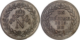 FRANCE
Premier Empire / Napoléon Ier (1804-1814). Un décime à l’N couronnée 1815, BB, Strasbourg.
Av. Grande N couronnée sous une couronne, dans une c...