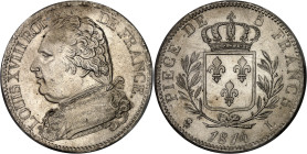 FRANCE
Louis XVIII (1814-1824). 5 francs buste habillé 1814, L, Bayonne.
Av. LOUIS XVIII ROI DE FRANCE. Buste habillé de Louis XVIII à gauche, au-de...