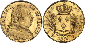 FRANCE
Louis XVIII (1814-1824). 20 francs buste habillé 1814, A, Paris.
Av. LOUIS XVIII - ROI DE FRANCE. Buste habillé à droite, au-dessous signature ...