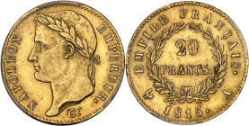 FRANCE
Cent-Jours / Napoléon Ier (mars-juillet 1815). 20 francs Empire 1815, A, Paris.
Av. NAPOLEON EMPEREUR. Tête laurée à gauche, signature DROZ F. ...