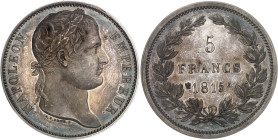 FRANCE
Cent-Jours / Napoléon Ier (mars-juillet 1815). Essai de 5 francs Cent-Jours, tranche lisse, par Droz, Frappe spéciale (SP) 1815, A, Paris.
Av. ...