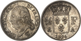 FRANCE
Louis XVIII (1814-1824). 1/4 franc 1824, A, Paris.
Av. LOUIS XVIII ROI DE FRANCE. Tête nue à gauche, au-dessous signature T. 
Rv. Écu de France...