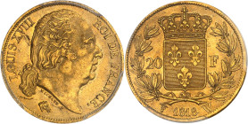 FRANCE
Louis XVIII (1814-1824). 20 francs tête nue 1818, W, Lille.
Av. LOUIS XVIII ROI DE FRANCE. Tête nue de Louis XVIII à droite, au-dessous signatu...