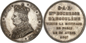 FRANCE
Louis XVIII (1814-1824). Module de 5 francs, visite de la Monnaie de Paris par la duchesse d’Angoulême 1817, Paris.
Av. *LOUIS* XVIII* - *ROI* ...