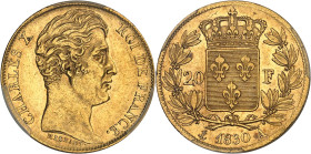 FRANCE
Charles X (1824-1830). 20 francs, tranche cannelée, Frappe spéciale (SP) 1830, A, Paris.
Av. CHARLES X ROI DE FRANCE. Tête nue à droite, au-des...