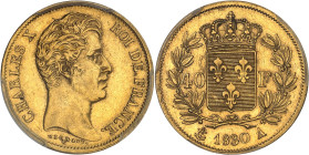 FRANCE
Charles X (1824-1830). 40 Francs, 2e type, tranche en relief, Frappe spéciale (SP) 1830, A, Paris.
Av. CHARLES X ROI DE FRANCE. Tête nue à droi...