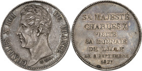 FRANCE
Charles X (1824-1830). Module de 5 francs, visite du Roi à la Monnaie de Lille, par Tiolier 1827, Paris.
Av. CHARLES X ROI - DE FRANCE. Tête nu...