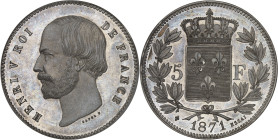 FRANCE
Henri V (1820-1883). Essai de 5 francs par Capel, tranche inscrite en creux, Frappe spéciale (SP) 1871, Bruxelles (Würden).
Av. HENRI V ROI DE ...