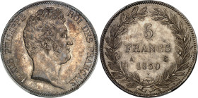 FRANCE
Louis-Philippe Ier (1830-1848). 5 francs sans le I, tranche en creux 1830, A, Paris.
Av. LOUIS PHILIPPE ROI DES FRANÇAIS. Tête nue à droite, si...