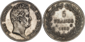 FRANCE
Louis-Philippe Ier (1830-1848). 5 francs sans le I, tranche en relief 1830, A, Paris.
Av. LOUIS PHILIPPE ROI DES FRANÇAIS. Tête nue à droite, s...