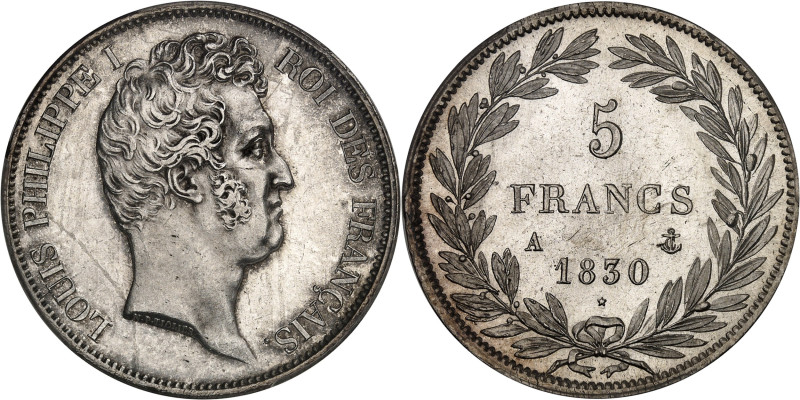 FRANCE
Louis-Philippe Ier (1830-1848). 5 francs tête nue, tranche en relief 1830...