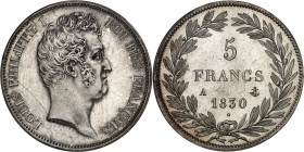 FRANCE
Louis-Philippe Ier (1830-1848). 5 francs tête nue, tranche en relief 1830, A, Paris.
Av. LOUIS PHILIPPE I ROI DES FRANÇAIS. Tête nue à droite, ...