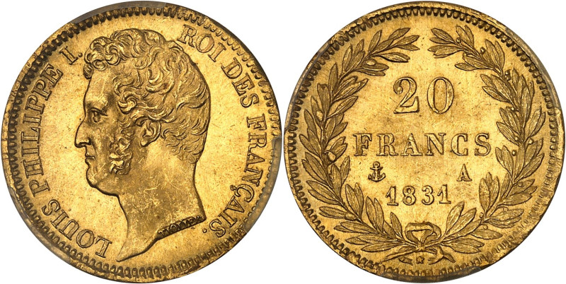 FRANCE
Louis-Philippe Ier (1830-1848). 20 francs tête nue, tranche en creux 1831...