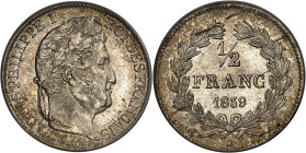 FRANCE
Louis-Philippe Ier (1830-1848). 1/2 franc 1839, A, Paris.
Av. LOUIS PHILIPPE I ROI DES FRANÇAIS. Tête laurée à droite, signature DOMARD. F. 
Rv...