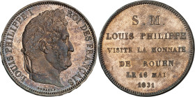 FRANCE
Louis-Philippe Ier (1830-1848). Module de 5 francs, visite de la monnaie de Rouen 1831, B, Rouen.
Av. LOUIS PHILIPPE I ROI DES FRANÇAIS. Tête l...