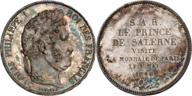 FRANCE
Louis-Philippe Ier (1830-1848). Module de 5 francs, visite du Prince de Salerne à la Monnaie de Paris, par Domard, Flan bruni (PROOF) 1846, Par...