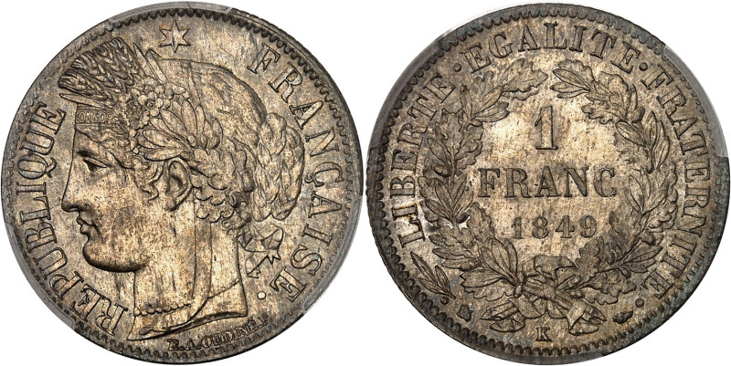 FRANCE
IIe République (1848-1852). 1 franc Cérès 1849, K, Bordeaux.
Av. RÉPUBLIQ...