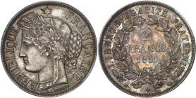 FRANCE
IIe République (1848-1852). 2 francs Cérès 1851, A, Paris.
Av. RÉPUBLIQUE FRANÇAISE. Tête de la République à gauche en Cérès, sous une étoile, ...