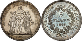 FRANCE
IIe République (1848-1852). 5 francs Hercule 1848, A, Paris.
Av. LIBERTÉ ÉGALITÉ FRATERNITÉ. Hercule entre la Liberté et l’Égalité ; à l’exergu...