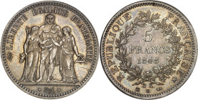 FRANCE
IIe République (1848-1852). 5 francs Hercule 1848, BB, Strasbourg.
Av. LIBERTÉ ÉGALITÉ FRATERNITÉ. Hercule entre la Liberté et l’Égalité ; à l’...