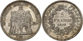 FRANCE
IIe République (1848-1852). 5 francs Hercule 1849, A, Paris.
Av. LIBERTÉ ÉGALITÉ FRATERNITÉ. Hercule entre la Liberté et l’Égalité ; à l’exergu...